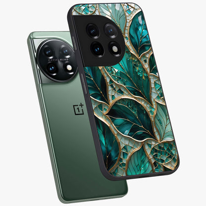 Emerald Leaf Glass Case for 1+11 angled mockup showcasing glossy finish and natural botanical tones