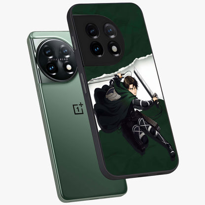 Emerald War Vanguard Glass Case for 1+11 angled mockup showcasing glossy finish and bold fantasy detailing