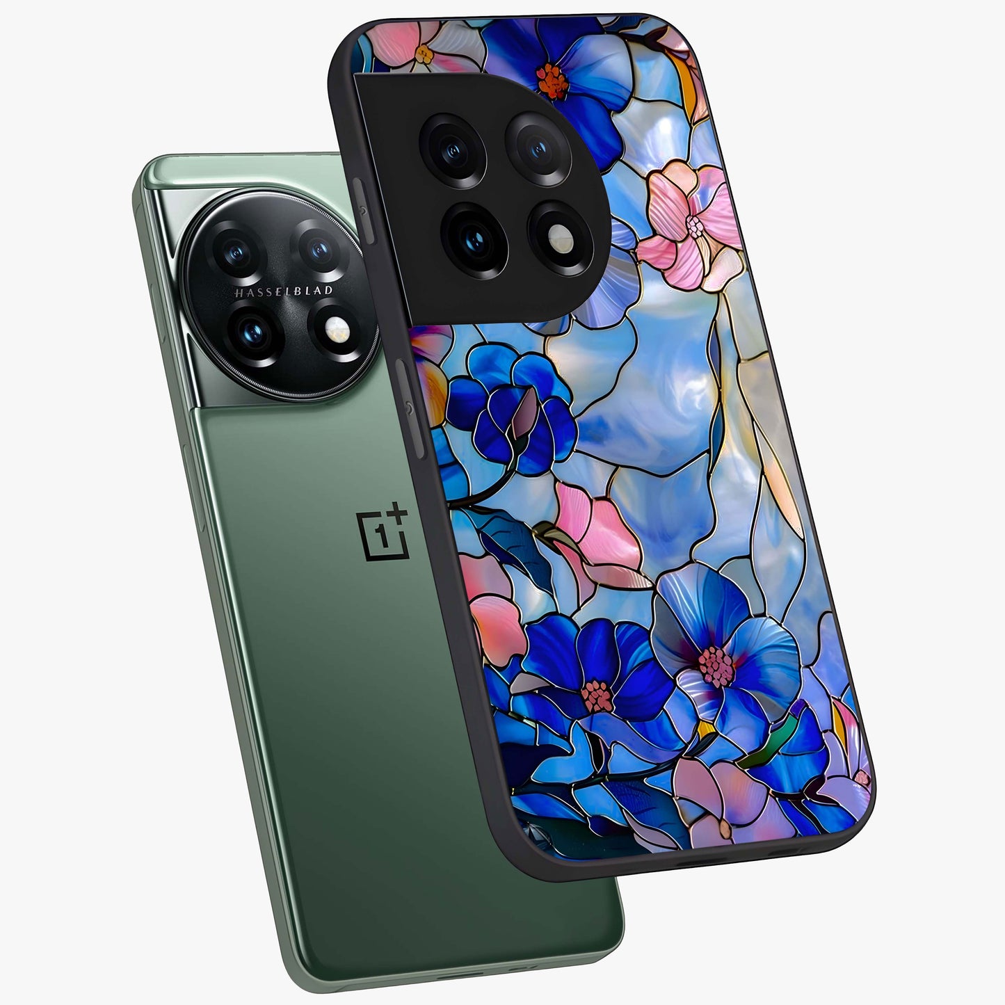 Eternal Floral Stained Glass Case for 1+11 angled mockup showcasing glossy finish and vibrant mosaic textures
