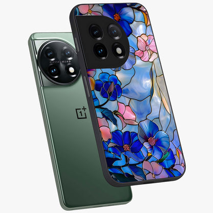 Eternal Floral Stained Glass Case for 1+11 angled mockup showcasing glossy finish and vibrant mosaic textures