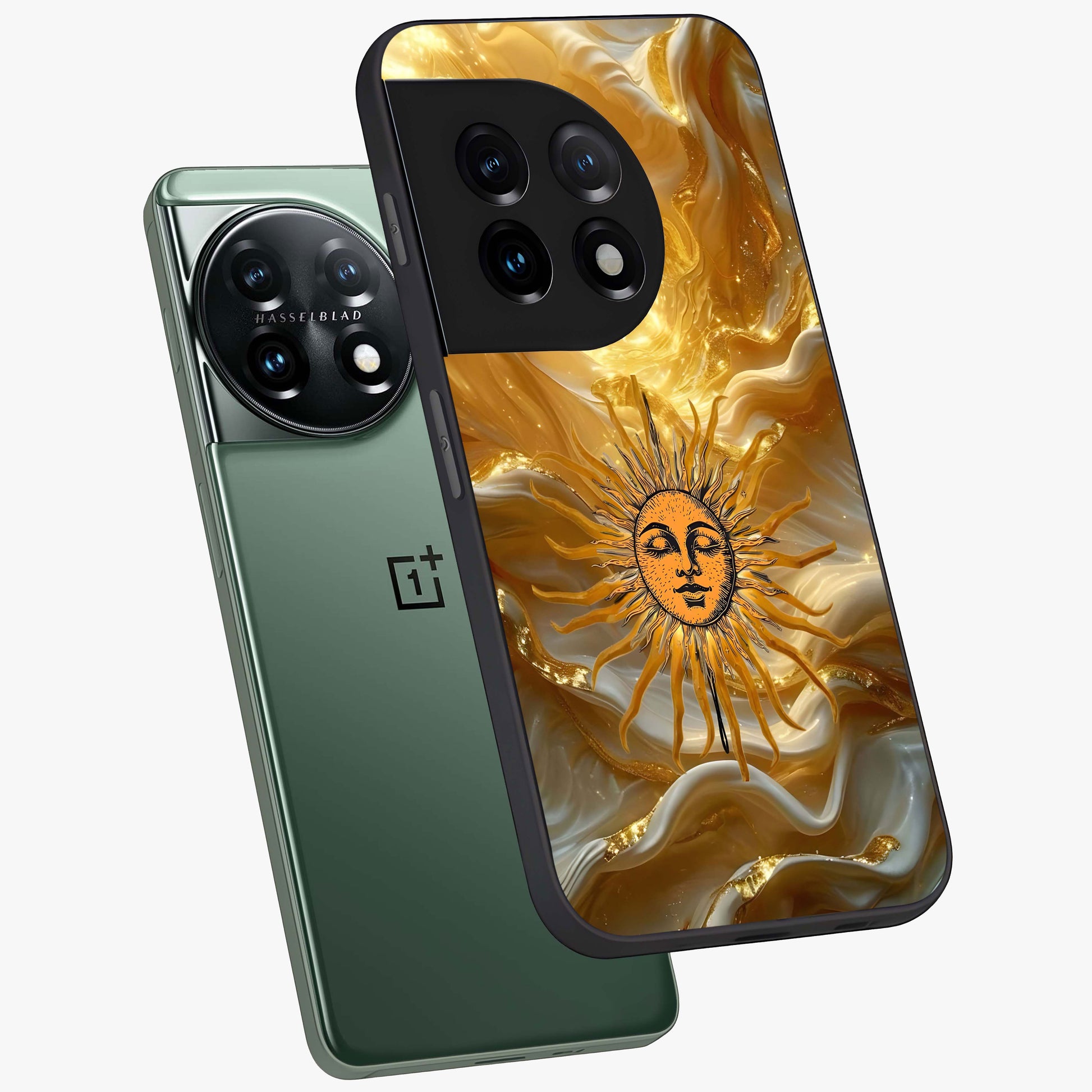Eternal Golden Glow Glass Case for 1+11 angled mockup showcasing glossy glass finish and luminous gold tones