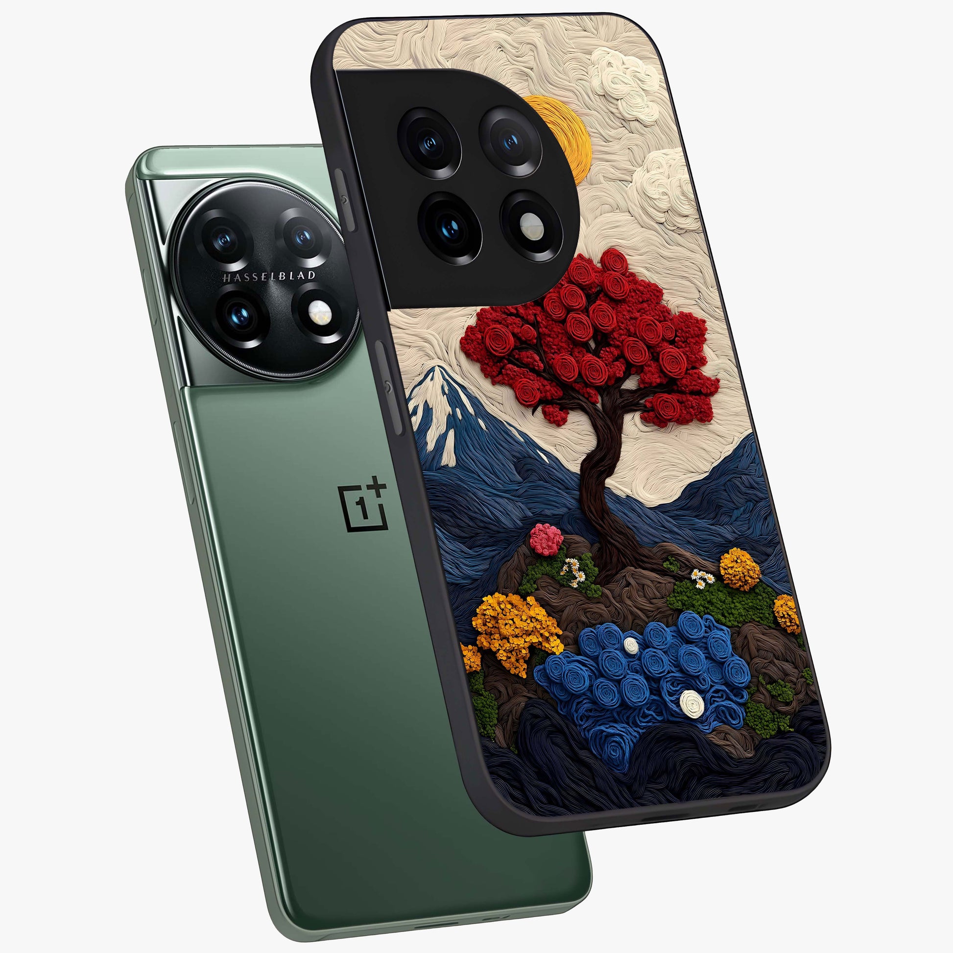 Eternal Nature Tapestry Glass Case for 1+11 angled mockup showcasing glossy finish and detailed botanical patterns