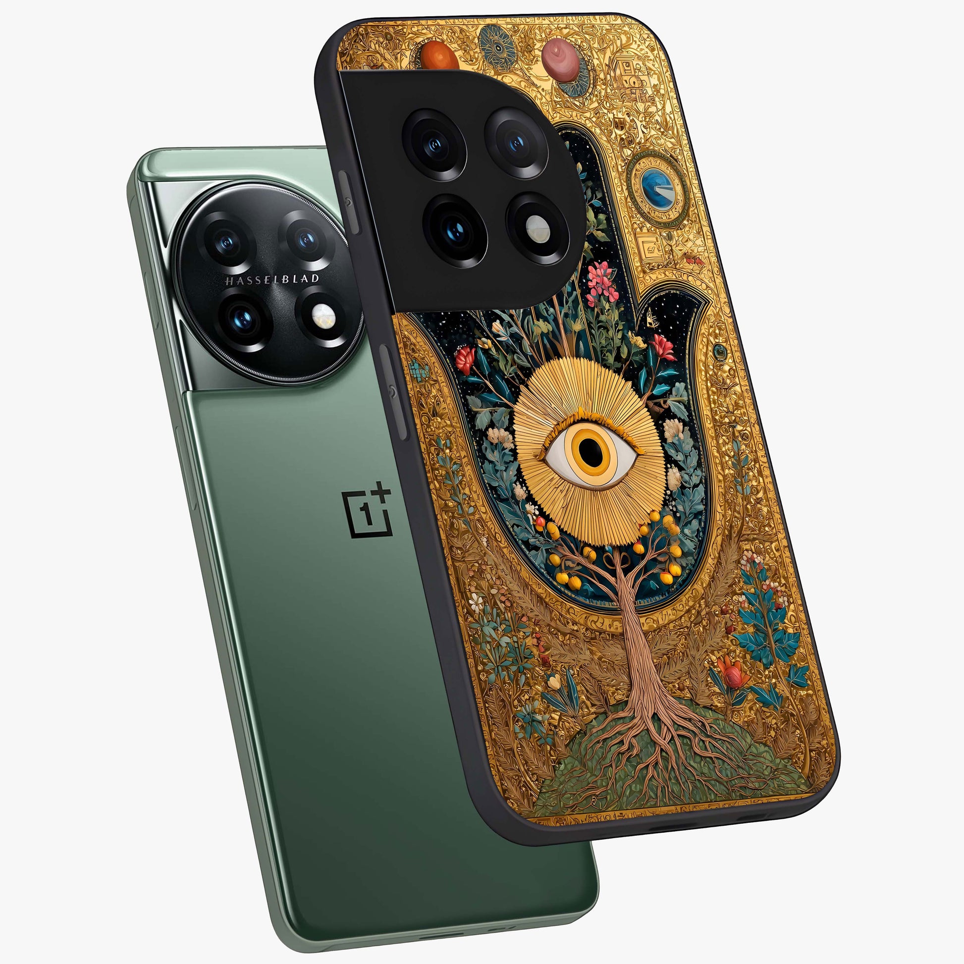 Ethereal Evil Eye Glass Case for 1+11 angled mockup showcasing glossy finish and celestial blue tones