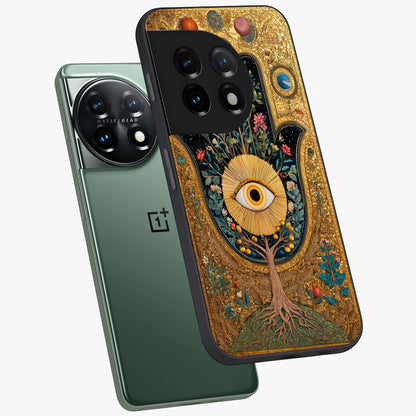 Ethereal Evil Eye Glass Case for 1+11 angled mockup showcasing glossy finish and celestial blue tones