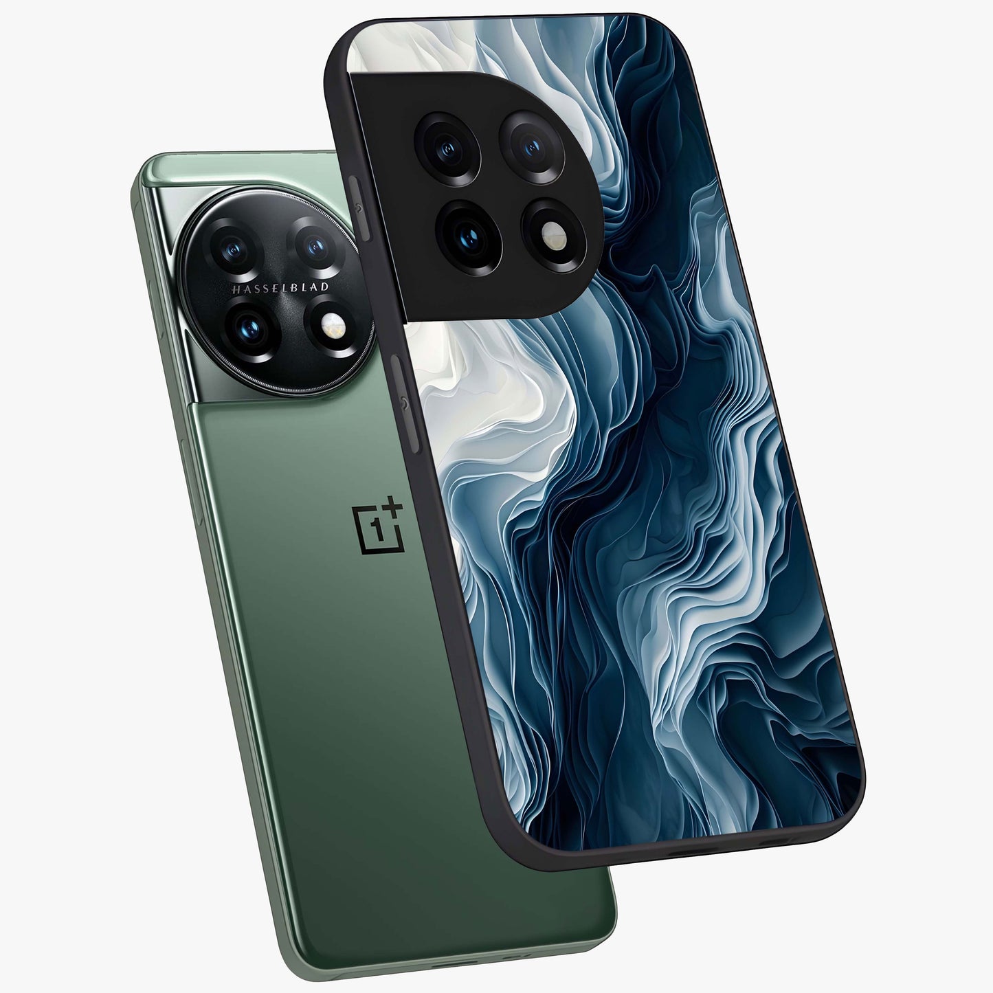 Ethereal Paper Marble Glass Case for 1+11 angled mockup showcasing glossy finish and soft blended textures