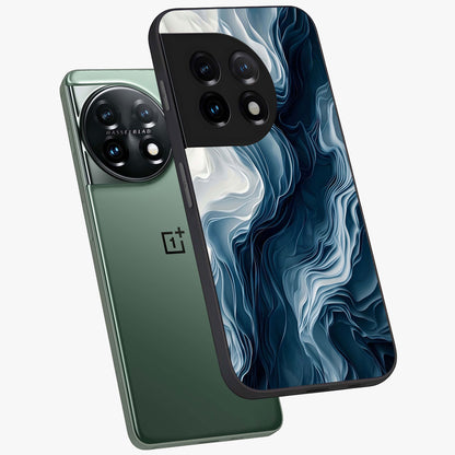 Ethereal Paper Marble Glass Case for 1+11 angled mockup showcasing glossy finish and soft blended textures