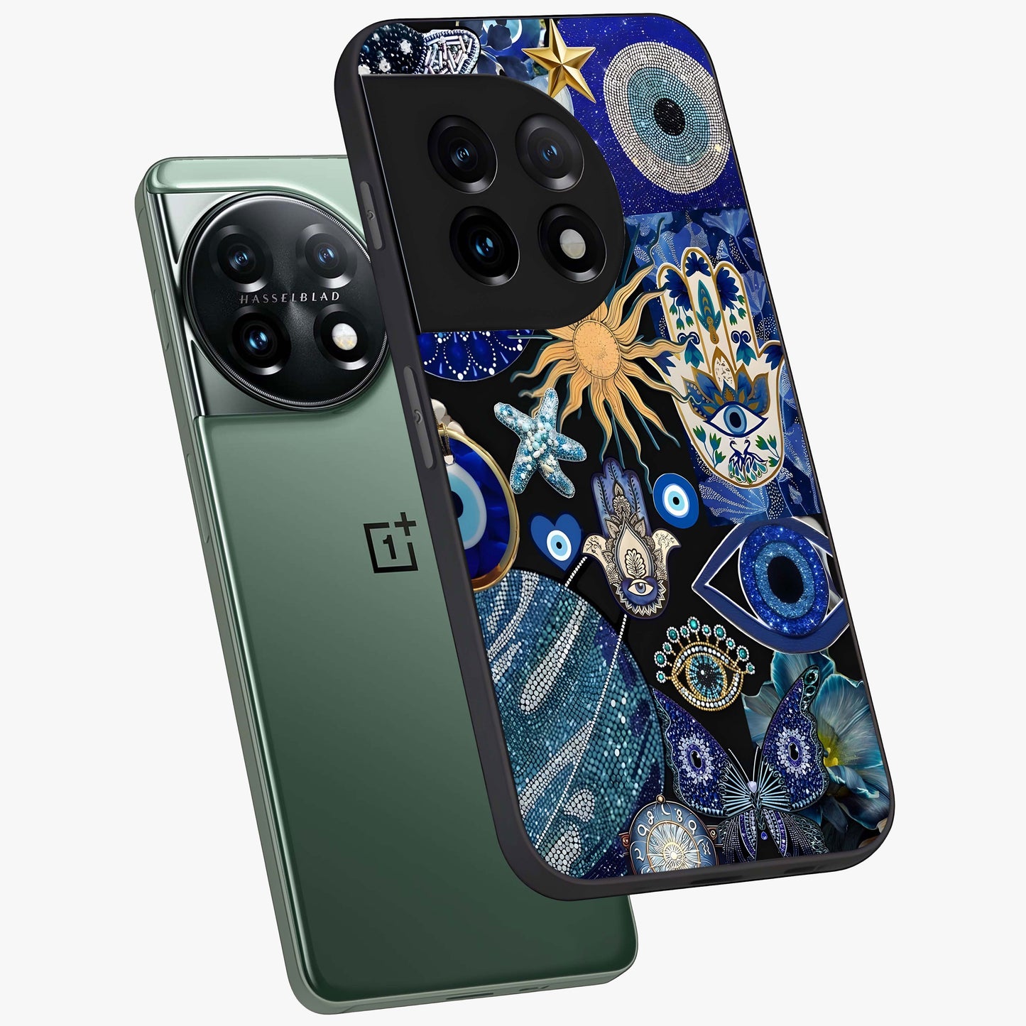 Evil Eye Charm Mix Glass Case for 1+11 angled mockup showcasing glossy finish and bold blue tones