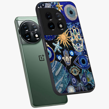 Evil Eye Charm Mix Glass Case for 1+11 angled mockup showcasing glossy finish and bold blue tones