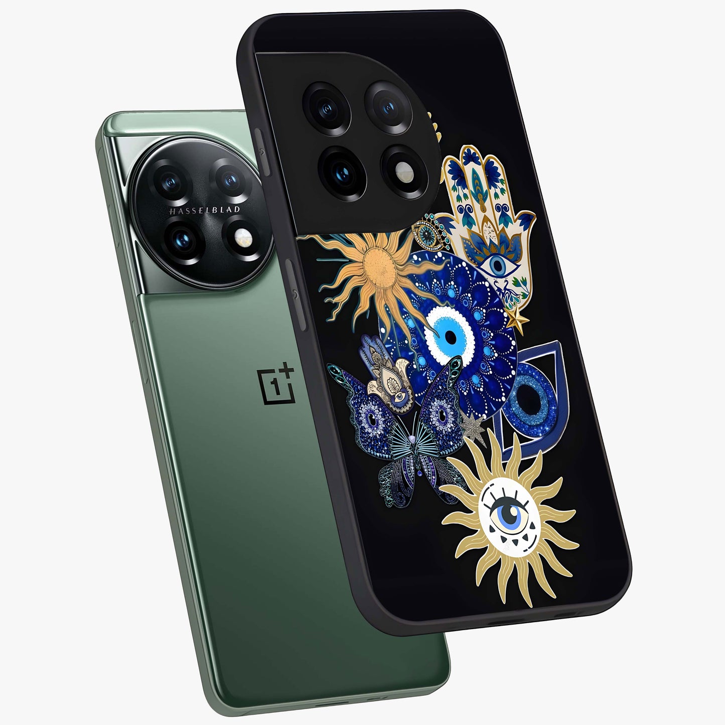 Evil Eye Charm Vibes Glass Case for 1+11 angled mockup showcasing glossy finish and protective symbol detailing