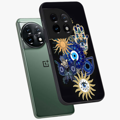 Evil Eye Charm Vibes Glass Case for 1+11 angled mockup showcasing glossy finish and protective symbol detailing