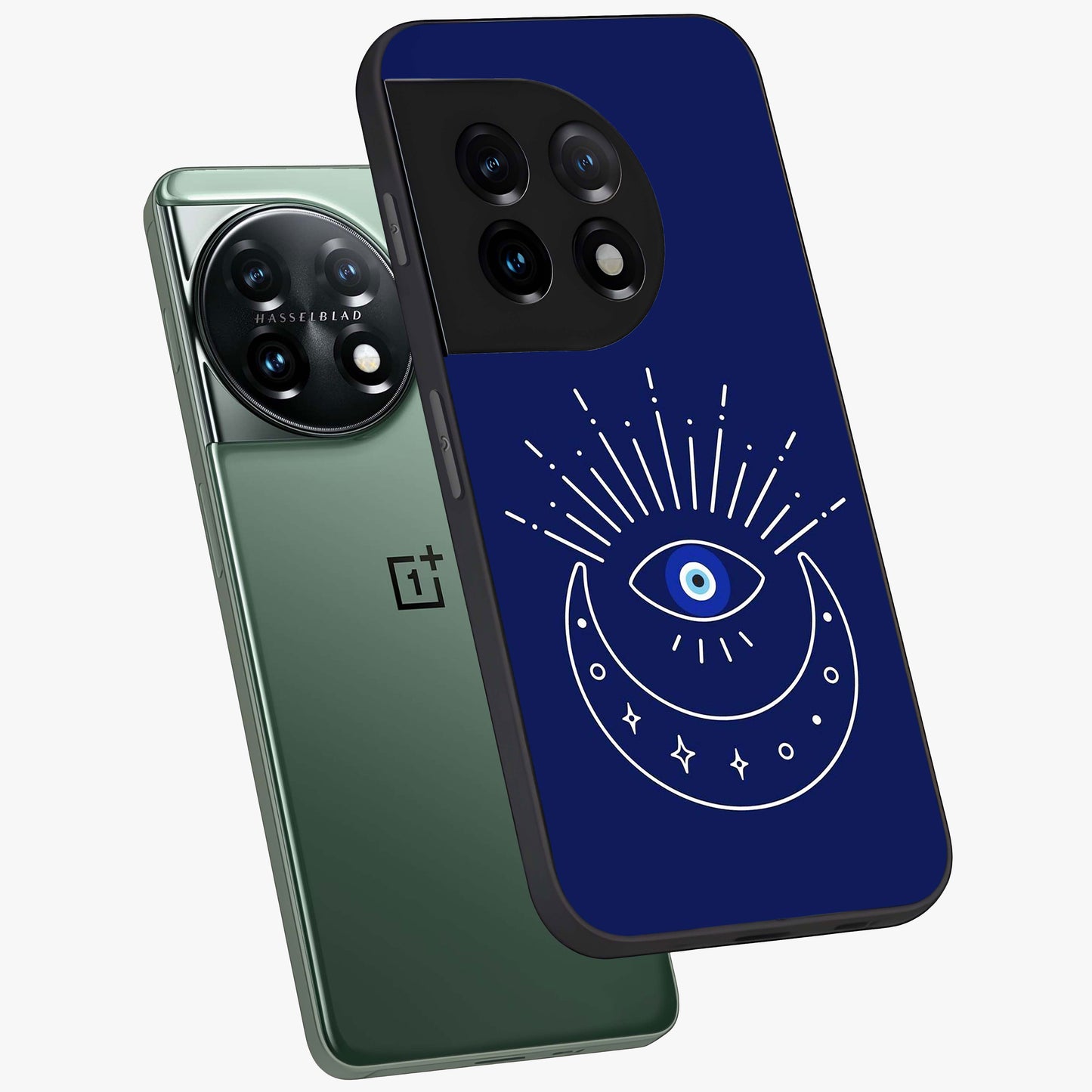 Evil Eye With Blue Themed Collage Glass Case for 1+11 angled mockup showcasing glossy finish and layered blue textures