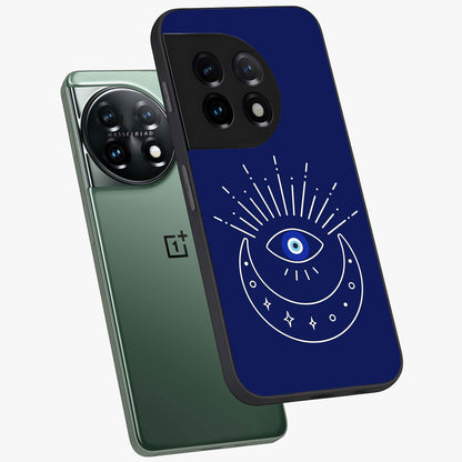 Evil Eye With Blue Themed Collage Glass Case for 1+11 angled mockup showcasing glossy finish and layered blue textures