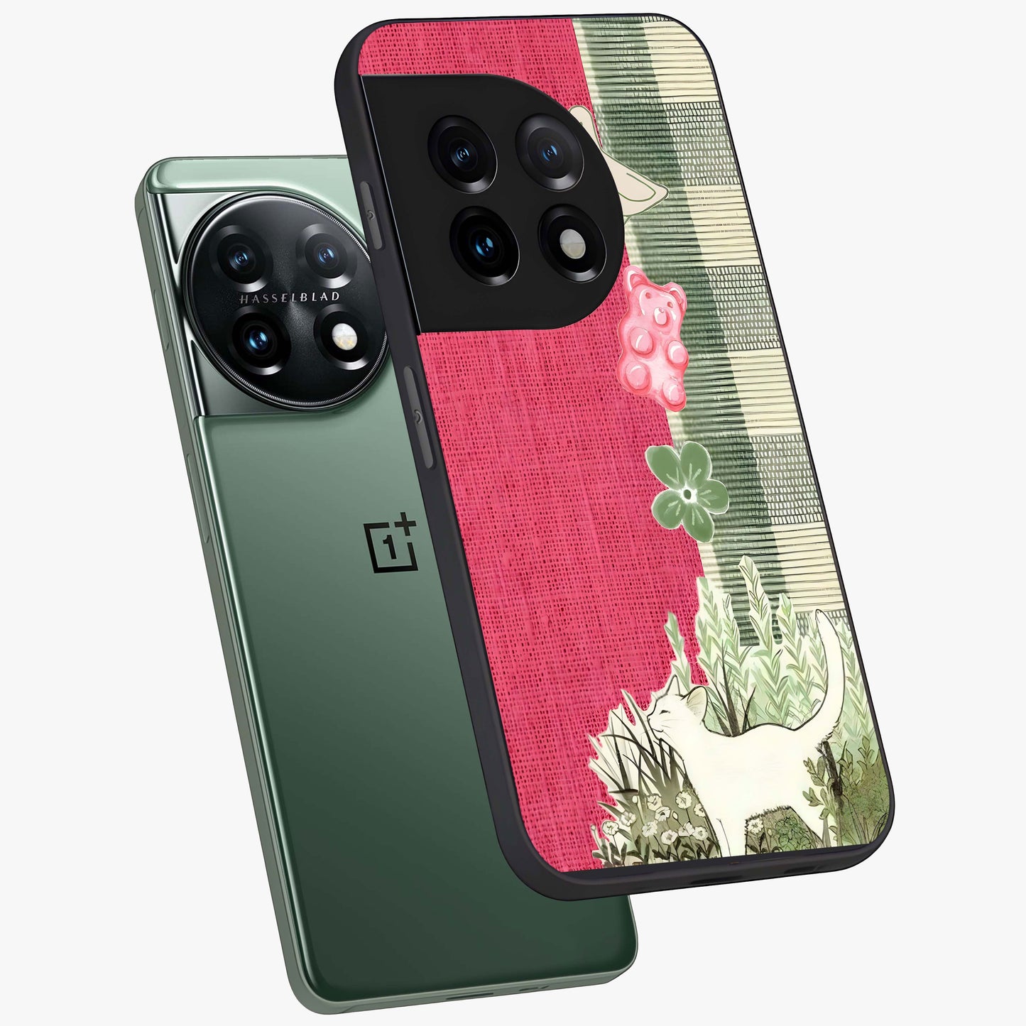 Fabric Patterns Glass Case for 1+11 angled mockup showcasing glossy finish and intricate fabric detailing