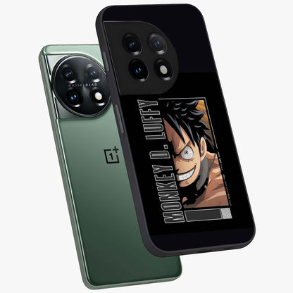 Fearless Pirate Smile Glass Case for 1+11 angled mockup showcasing glossy finish and dark adventurous tones