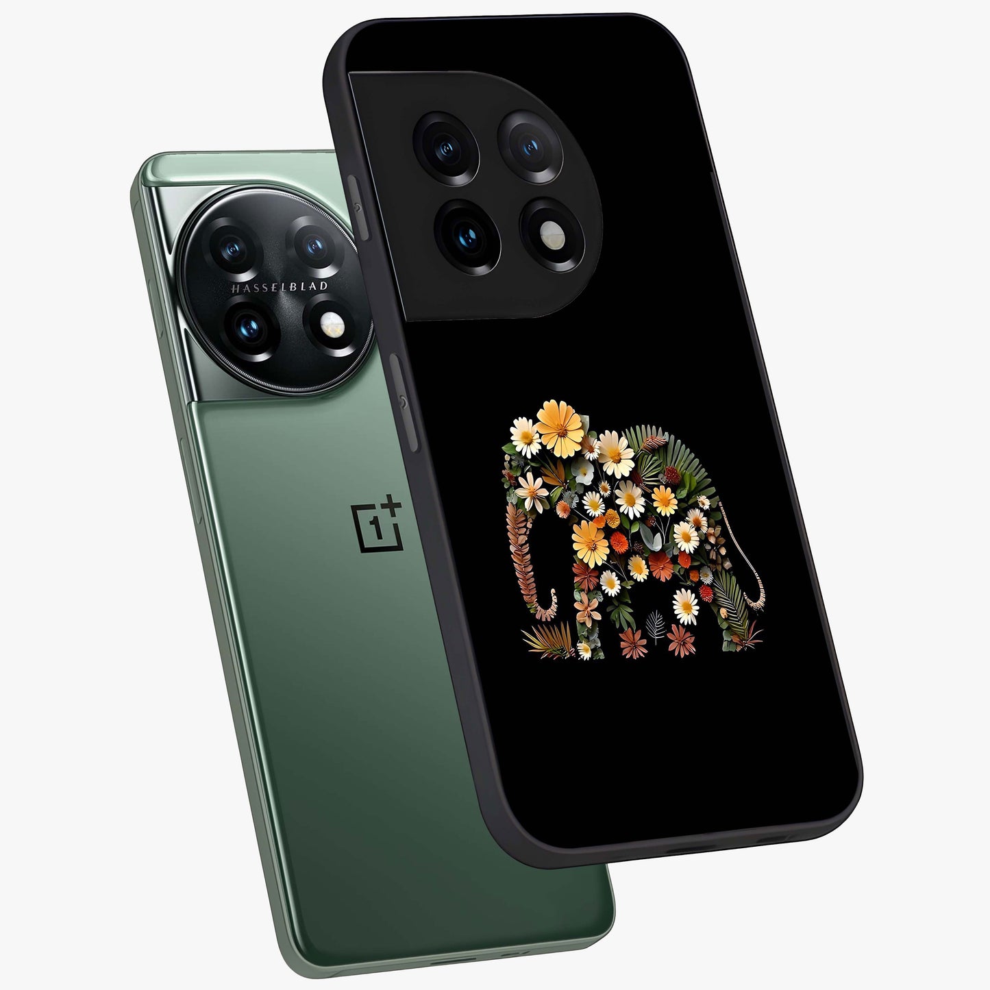 Floral Elephant Glass Case for 1+11 angled mockup showcasing glossy finish and vibrant cultural tones