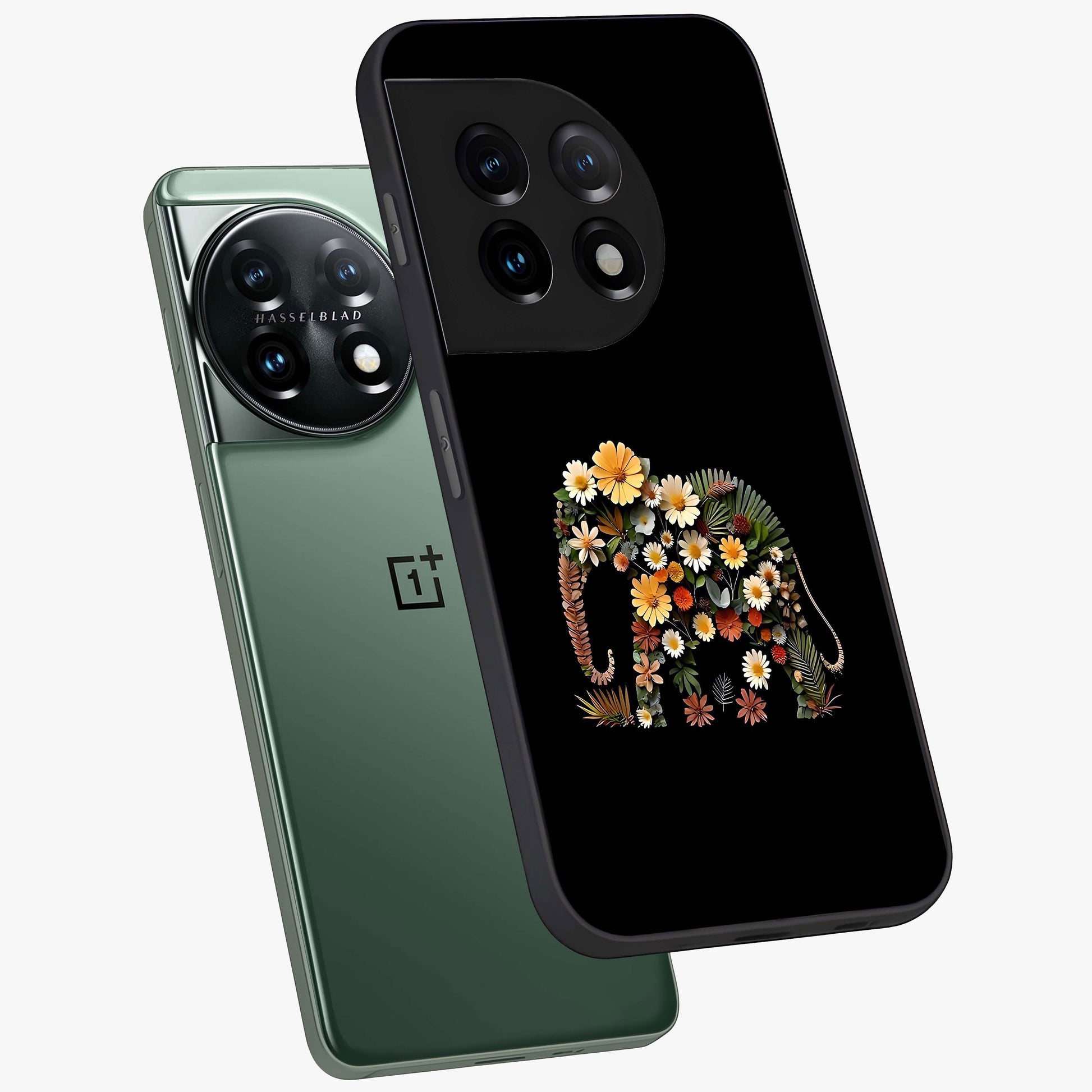 Floral Elephant Glass Case for 1+11 angled mockup showcasing glossy finish and vibrant cultural tones