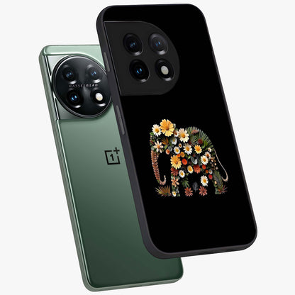 Floral Elephant Glass Case for 1+11 angled mockup showcasing glossy finish and vibrant cultural tones