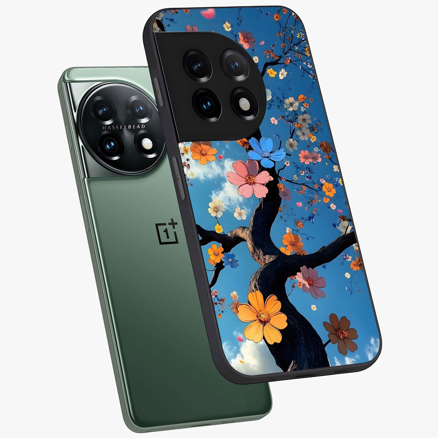 Floral Tree Glass Case for 1+11 angled mockup showcasing glossy finish and detailed branch textures