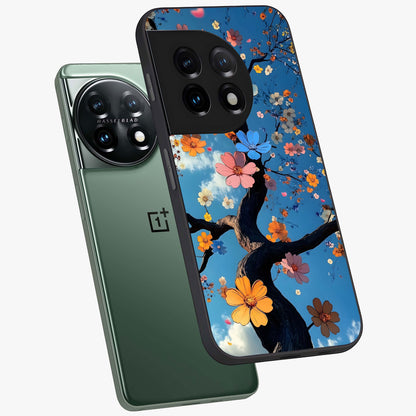Floral Tree Glass Case for 1+11 angled mockup showcasing glossy finish and detailed branch textures