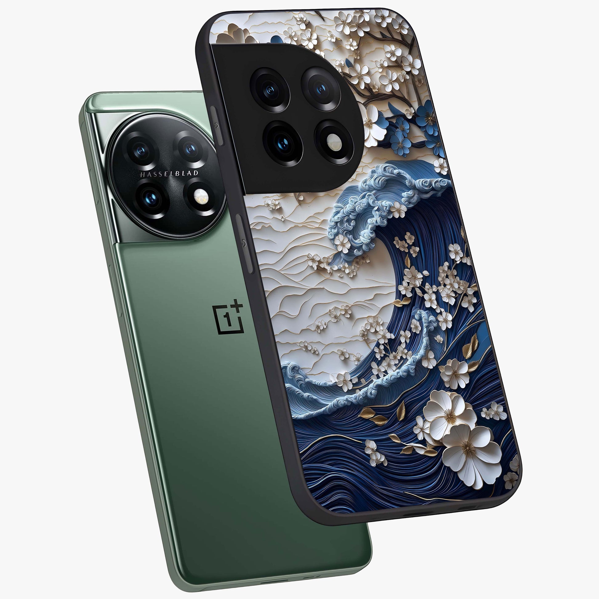Floral Wave Origami Glass Case for 1+11 angled mockup showcasing glossy glass finish and geometric bloom detailing