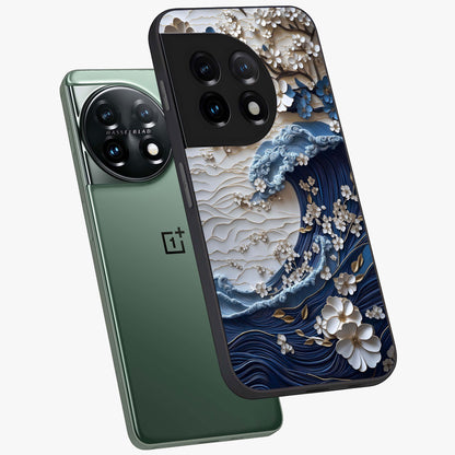 Floral Wave Origami Glass Case for 1+11 angled mockup showcasing glossy glass finish and geometric bloom detailing