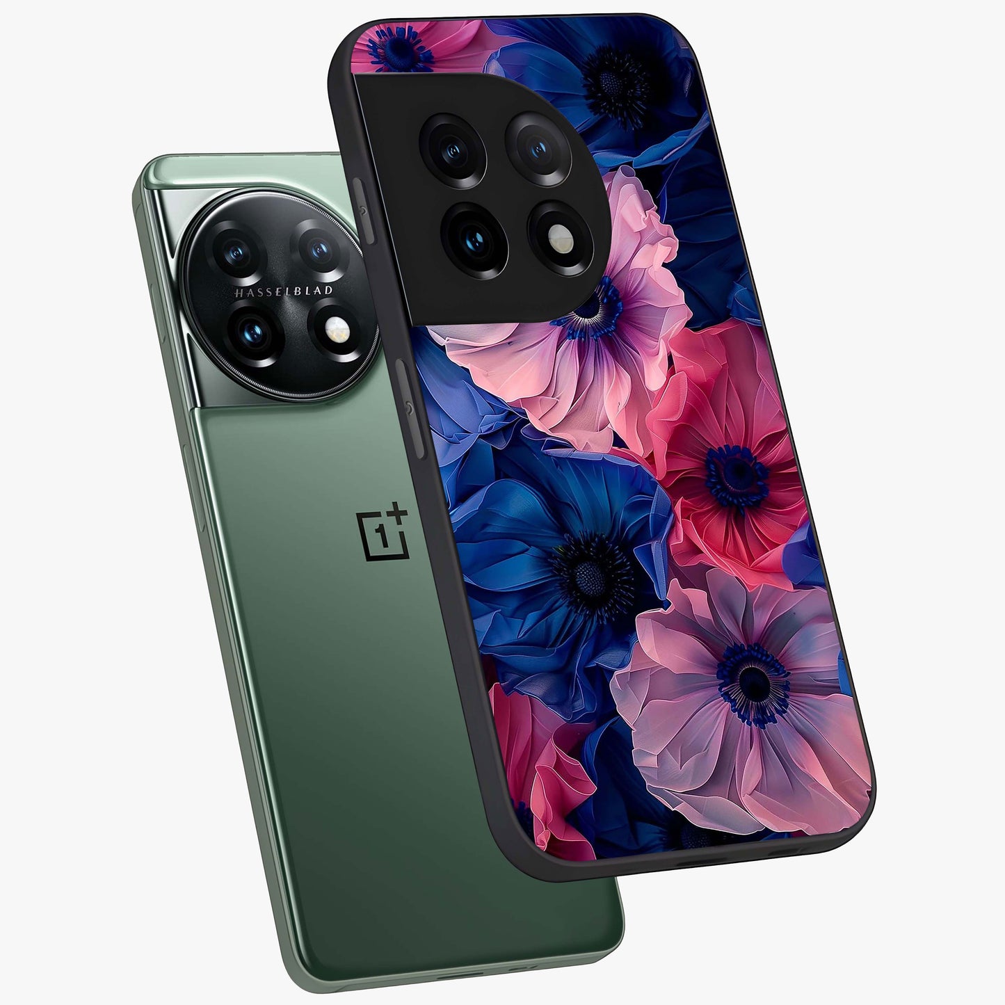 Flower Paper Art Pattern Glass Case for 1+11 angled mockup showcasing glossy finish and textured paper detailing