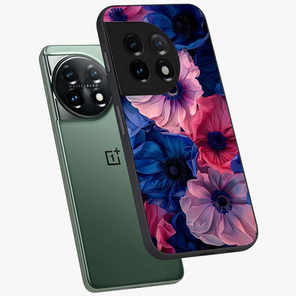 Flower Paper Art Pattern Glass Case for 1+11 angled mockup showcasing glossy finish and textured paper detailing
