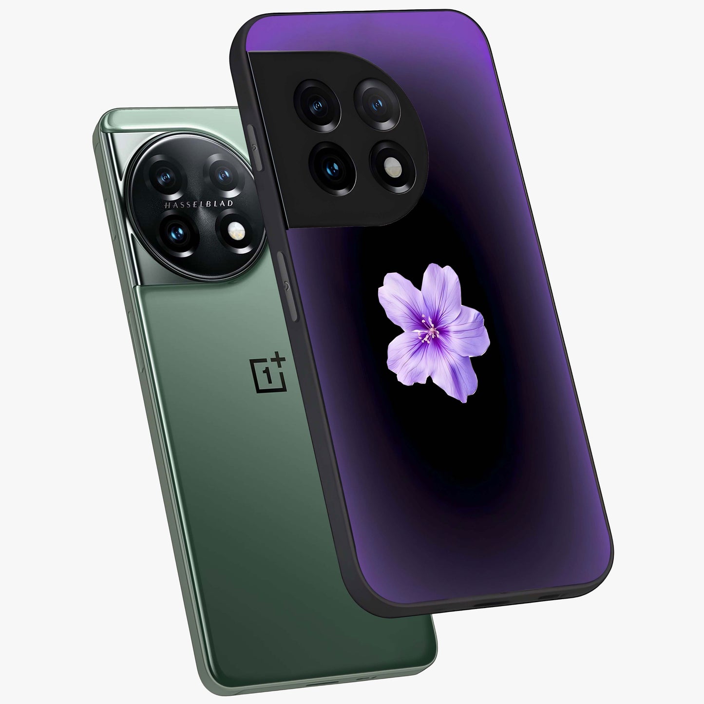 Flower on Soft Violet Gradient Glass Case for 1+11 angled mockup showcasing glossy finish and pastel purple tones