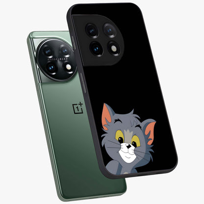 Forever Chasing Love Tom Glass Case for 1+11 angled mockup showcasing glossy finish and lively cartoon detailing