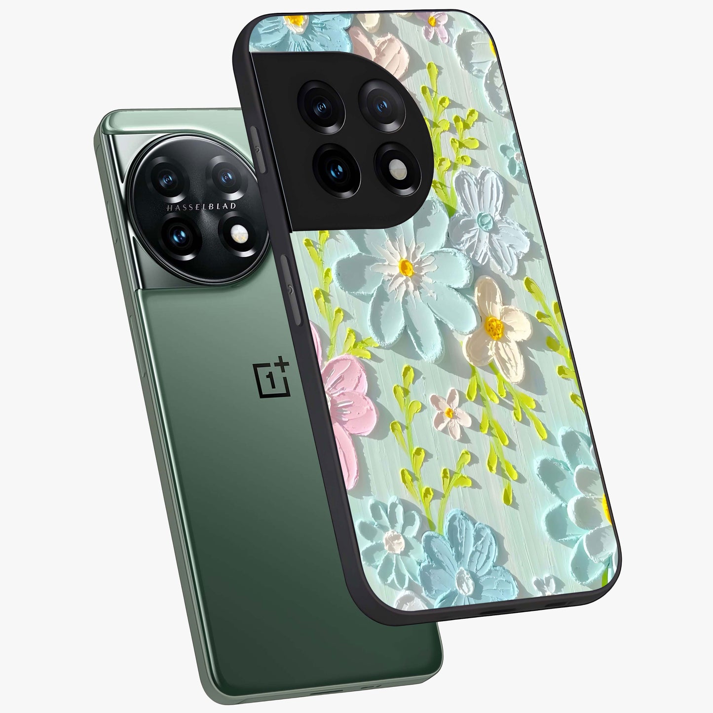 Frosted Petal Garden Glass Case for 1+11 angled mockup showcasing glossy finish and pastel bloom detailing