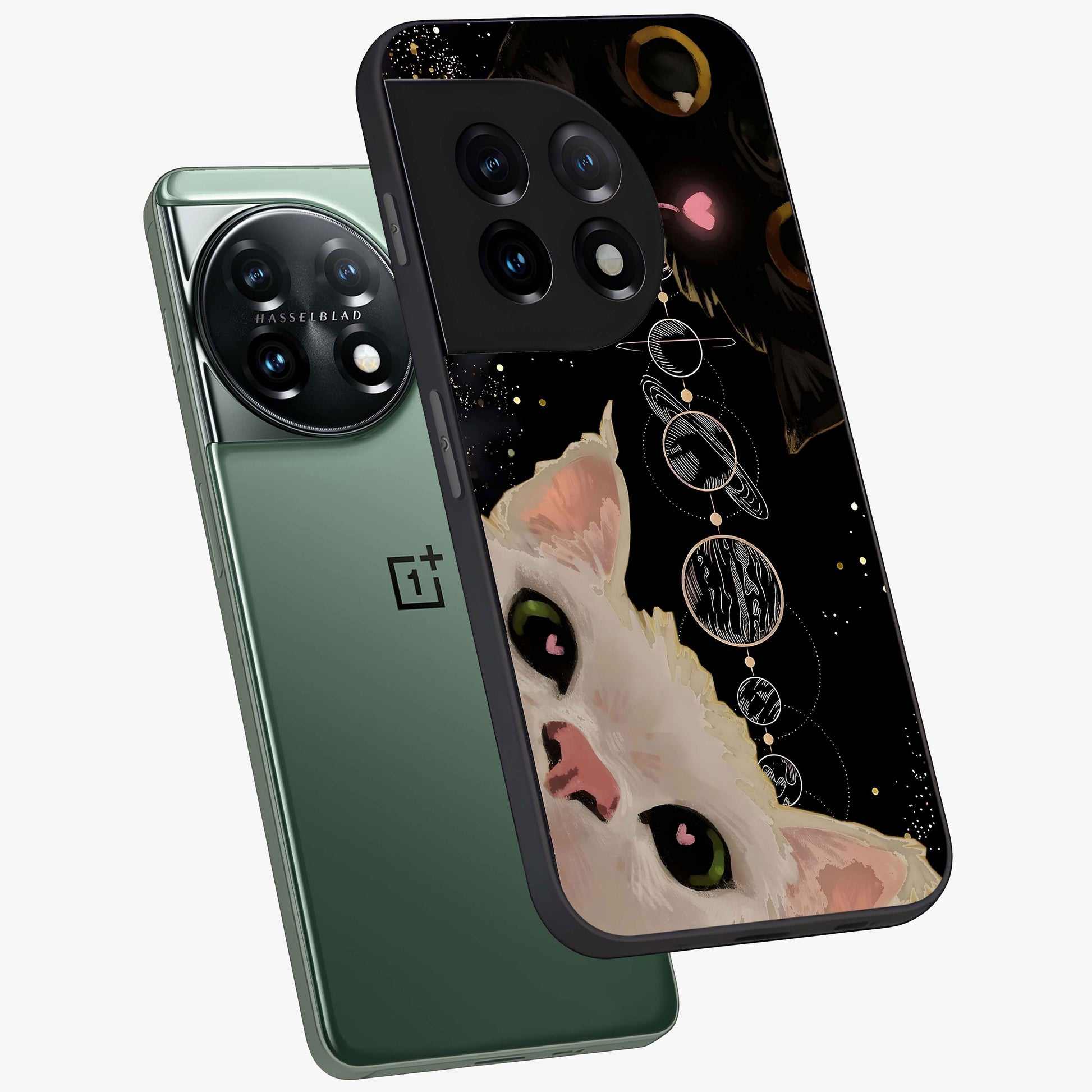 Galactic Cat Glass Case for 1+11 angled mockup showcasing glossy finish and luminous space detailing