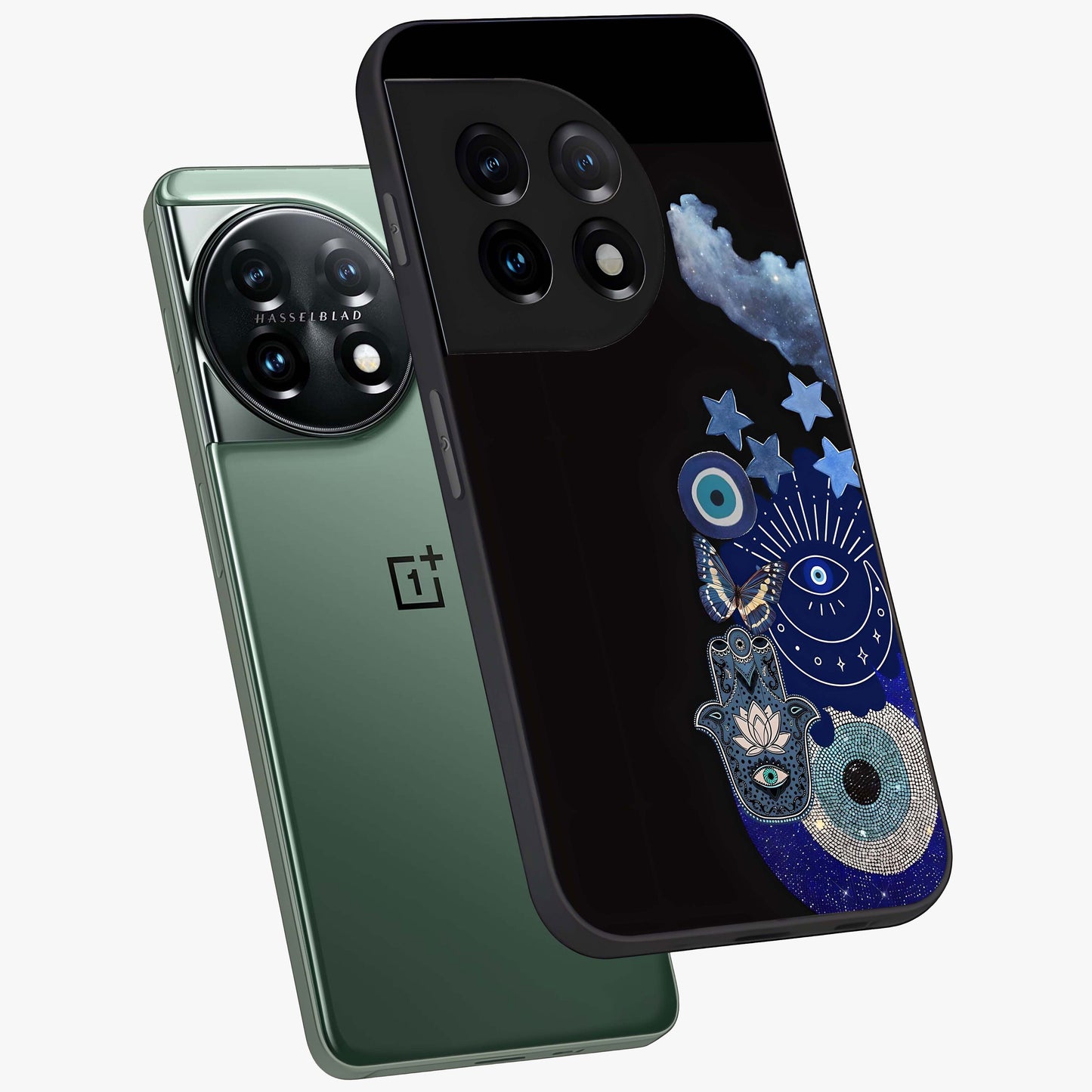 Galactic Charm Cluster Glass Case for 1+11 angled mockup showcasing glossy finish and vibrant star detailing