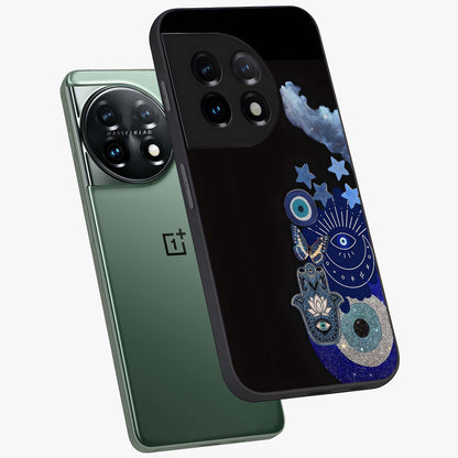 Galactic Charm Cluster Glass Case for 1+11 angled mockup showcasing glossy finish and vibrant star detailing