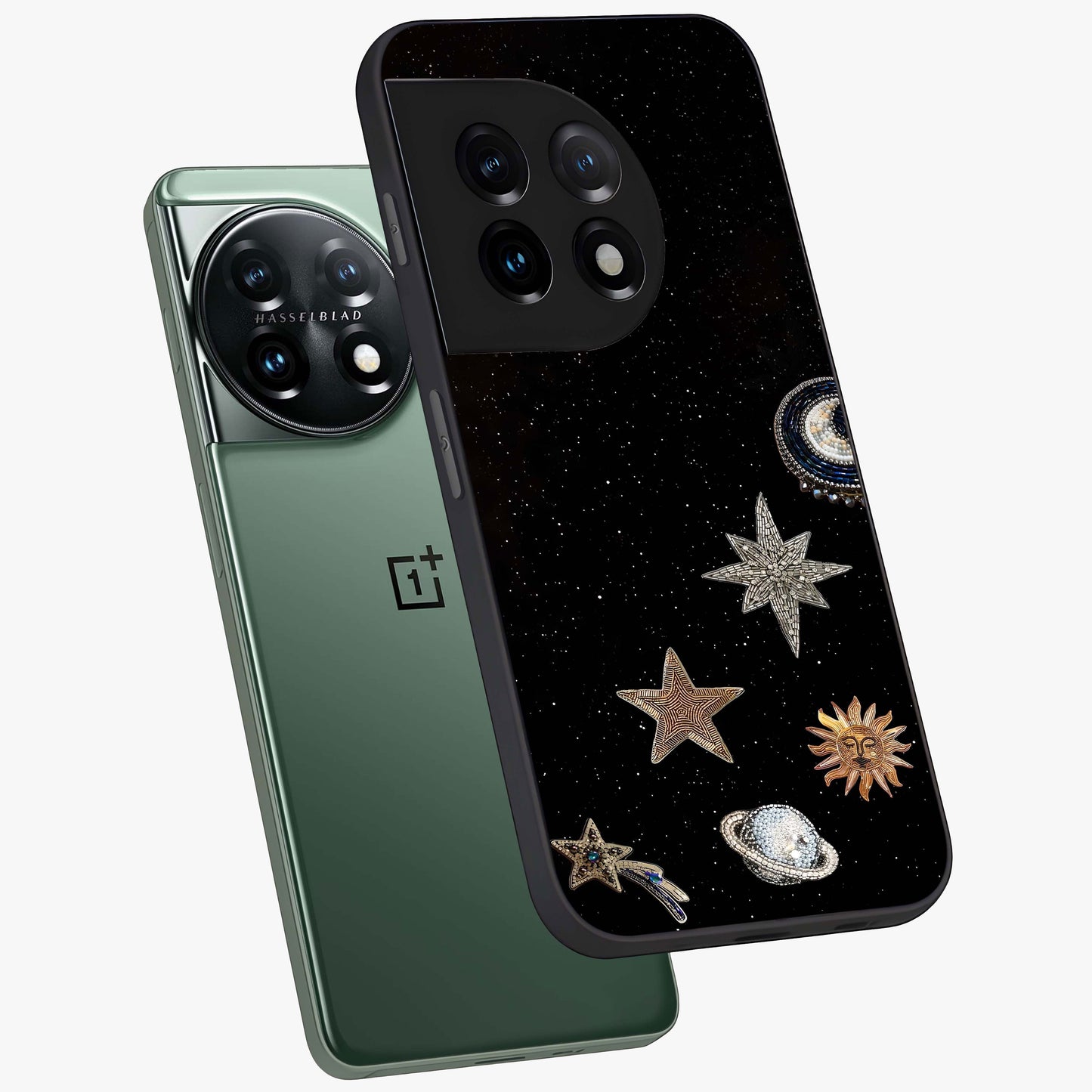 Galactic Charm Glow Glass Case for 1+11 angled mockup showcasing glossy glass finish and luminous galaxy tones