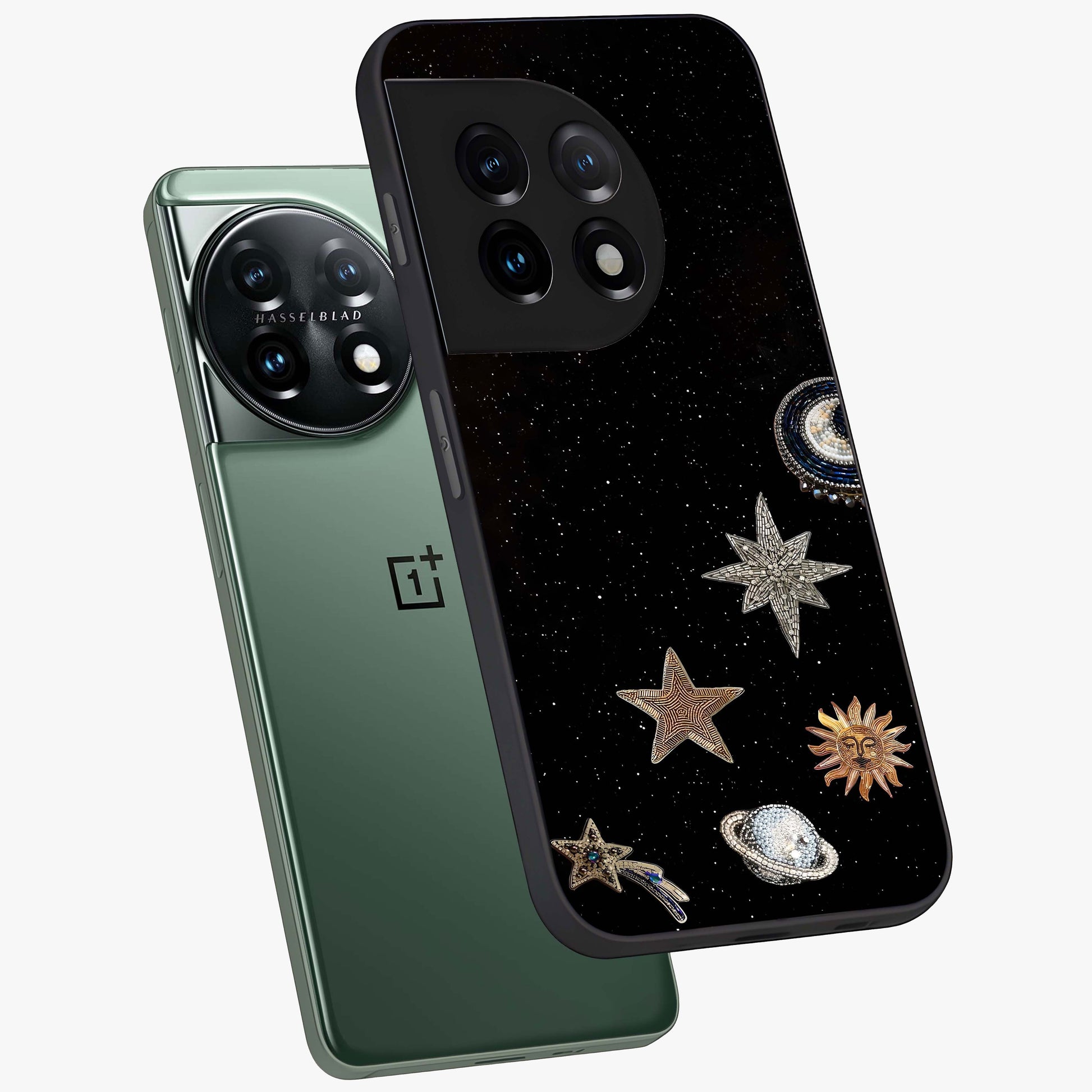 Galactic Charm Glow Glass Case for 1+11 angled mockup showcasing glossy glass finish and luminous galaxy tones