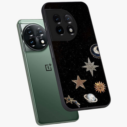 Galactic Charm Glow Glass Case for 1+11 angled mockup showcasing glossy glass finish and luminous galaxy tones