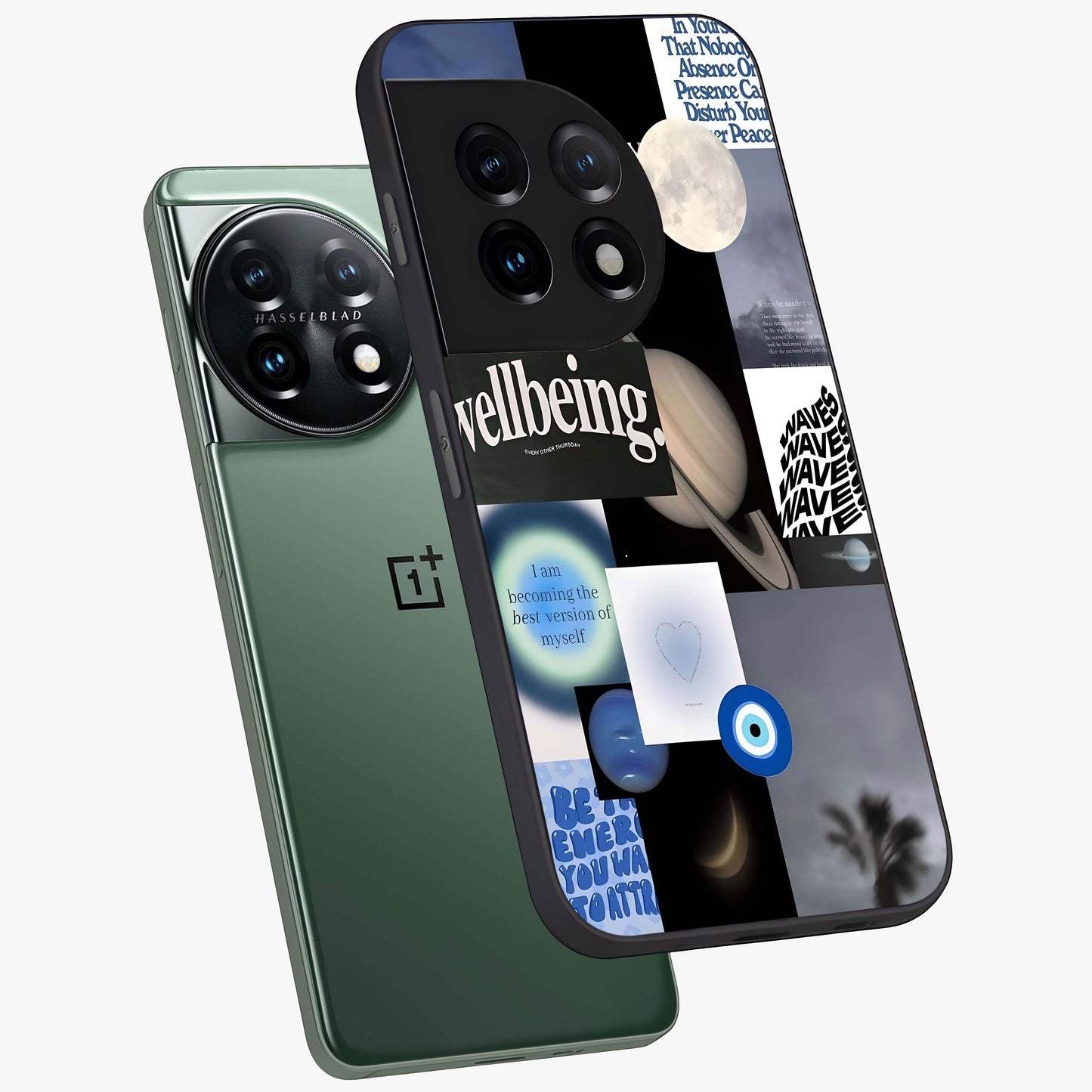 Galactic Energy Collage Glass Case for 1+11 angled mockup showcasing glossy finish and vibrant space textures