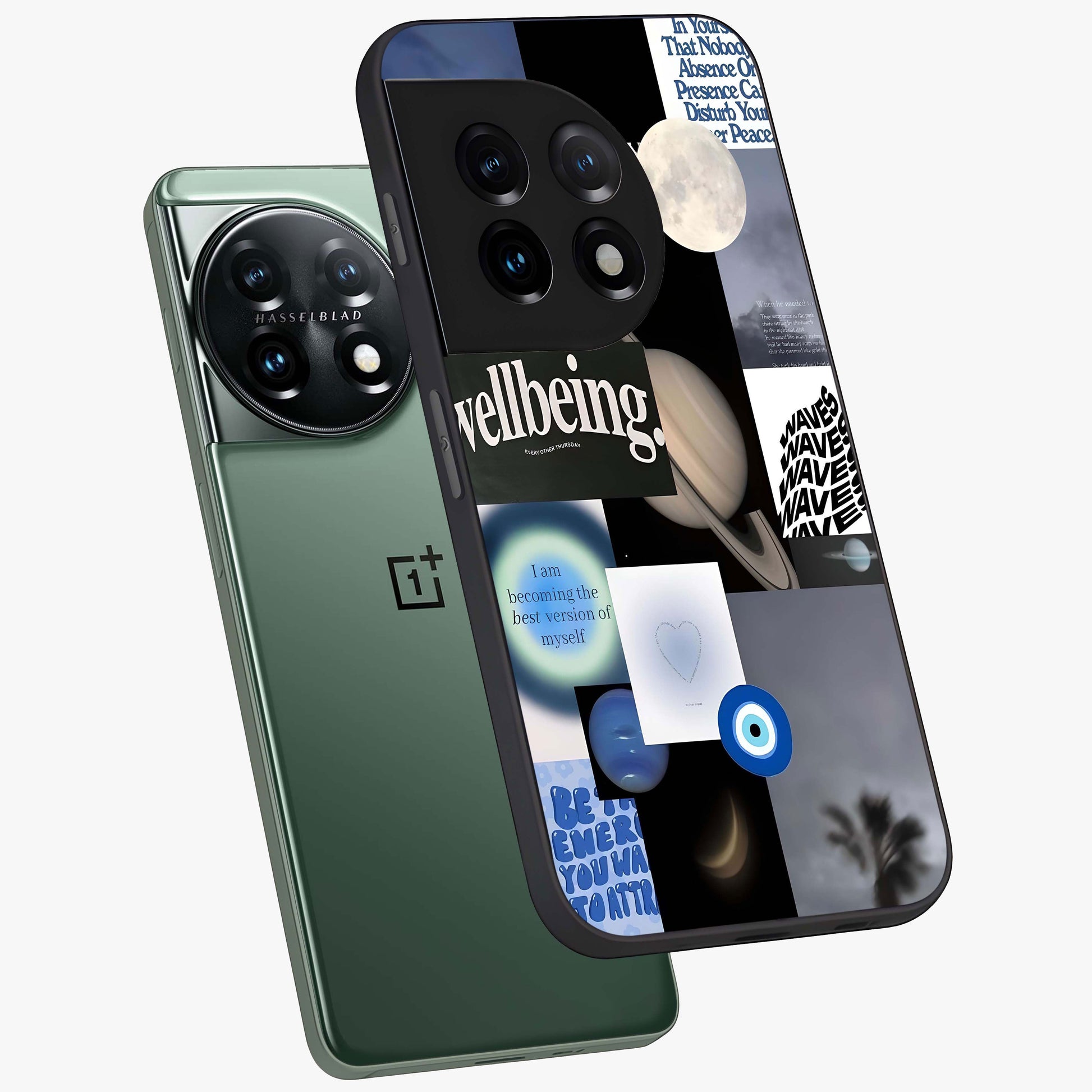 Galactic Energy Collage Glass Case for 1+11 angled mockup showcasing glossy finish and vibrant space textures