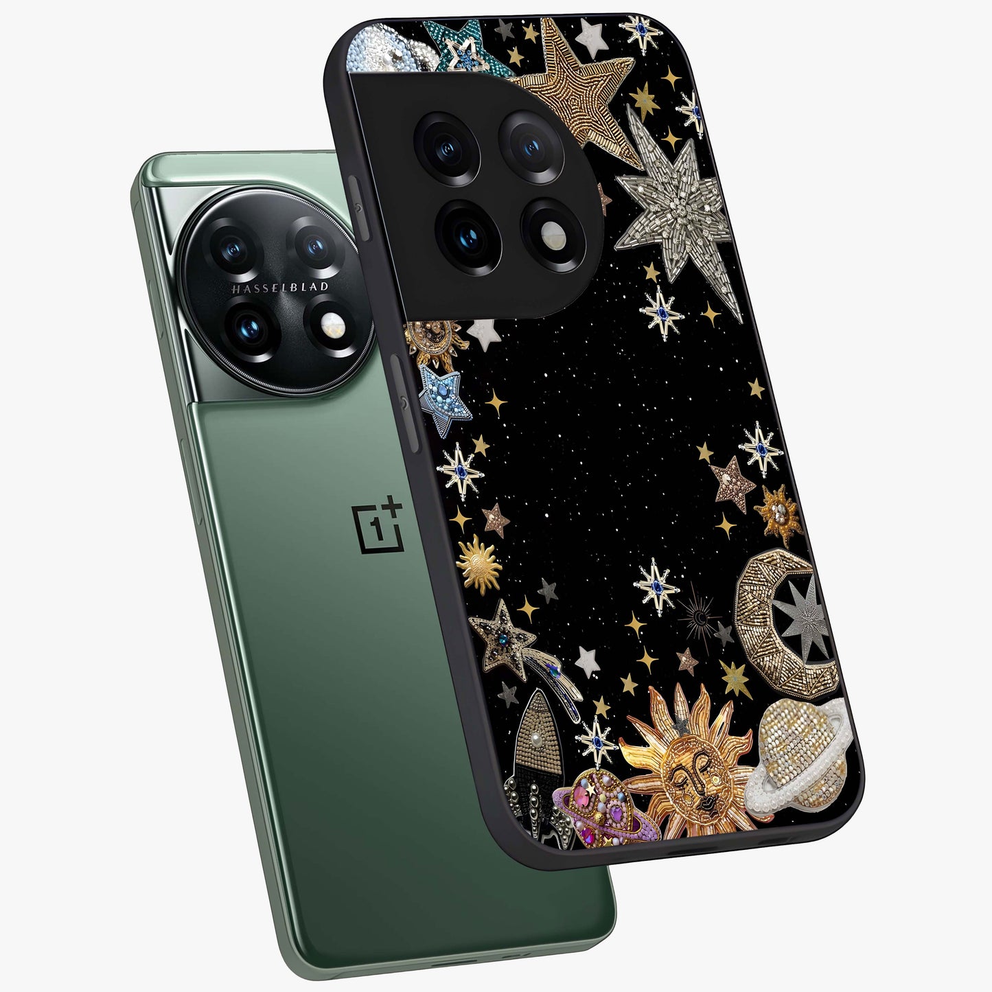 Galactic Jewel Stars Glass Case for 1+11 angled mockup showcasing glossy finish and radiant cosmic tones