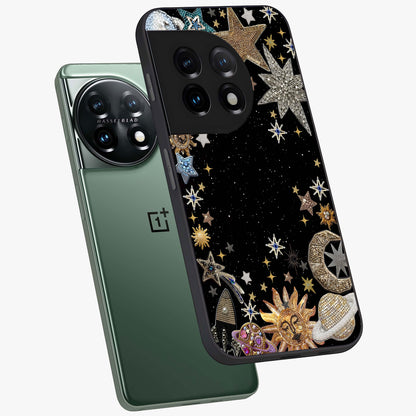 Galactic Jewel Stars Glass Case for 1+11 angled mockup showcasing glossy finish and radiant cosmic tones