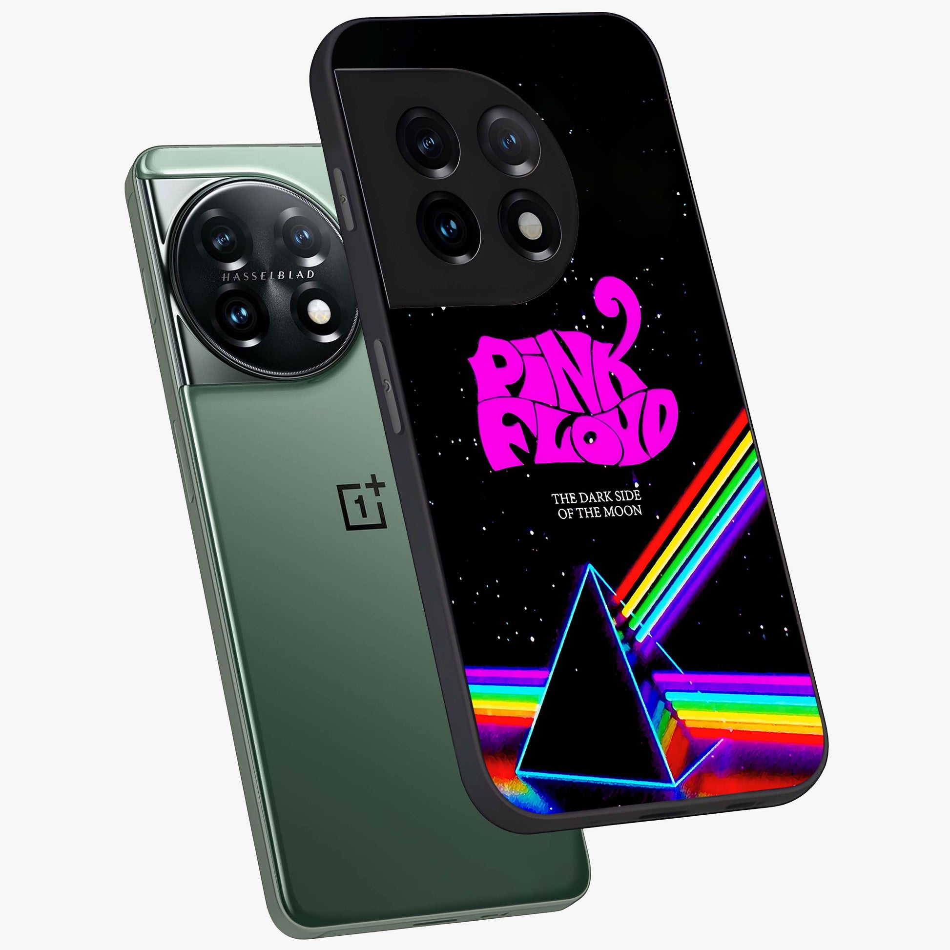 Galactic Light Frequency Glass Case for 1+11 angled mockup showcasing glossy finish and vibrant neon detailing