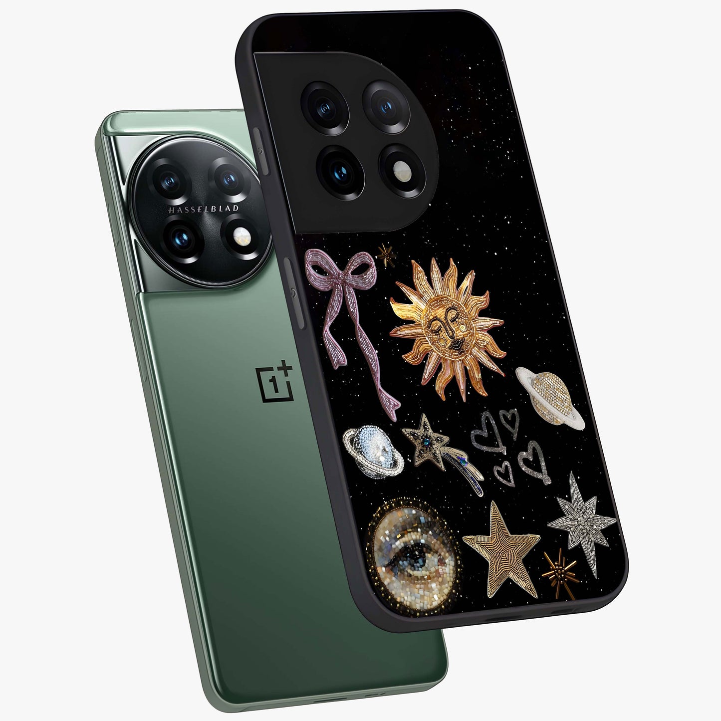 Galactic Sun Charm Glass Case for 1+11 angled mockup showcasing glossy finish and warm galaxy tones