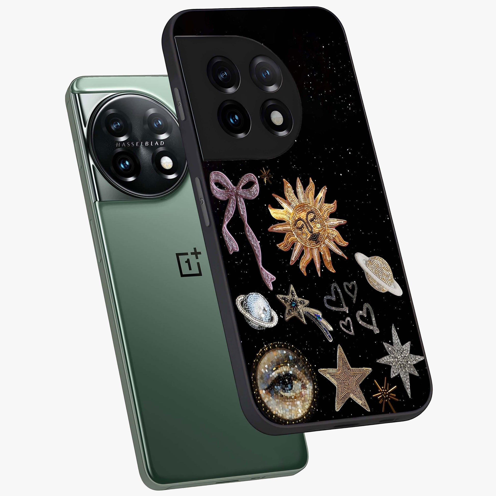 Galactic Sun Charm Glass Case for 1+11 angled mockup showcasing glossy finish and warm galaxy tones