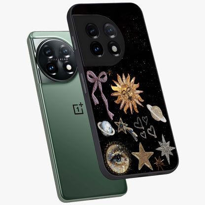 Galactic Sun Charm Glass Case for 1+11 angled mockup showcasing glossy finish and warm galaxy tones