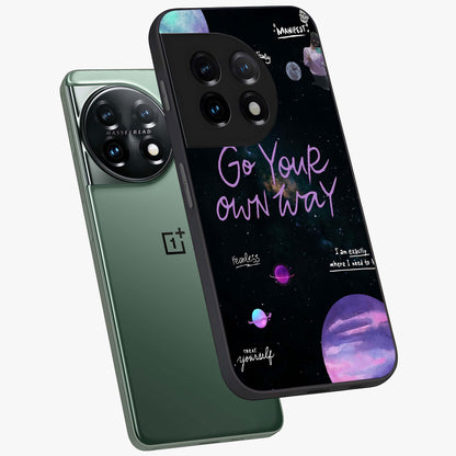 Galactic Vibes Universe Glass Case for 1+11 angled mockup showcasing glossy finish and deep space gradients