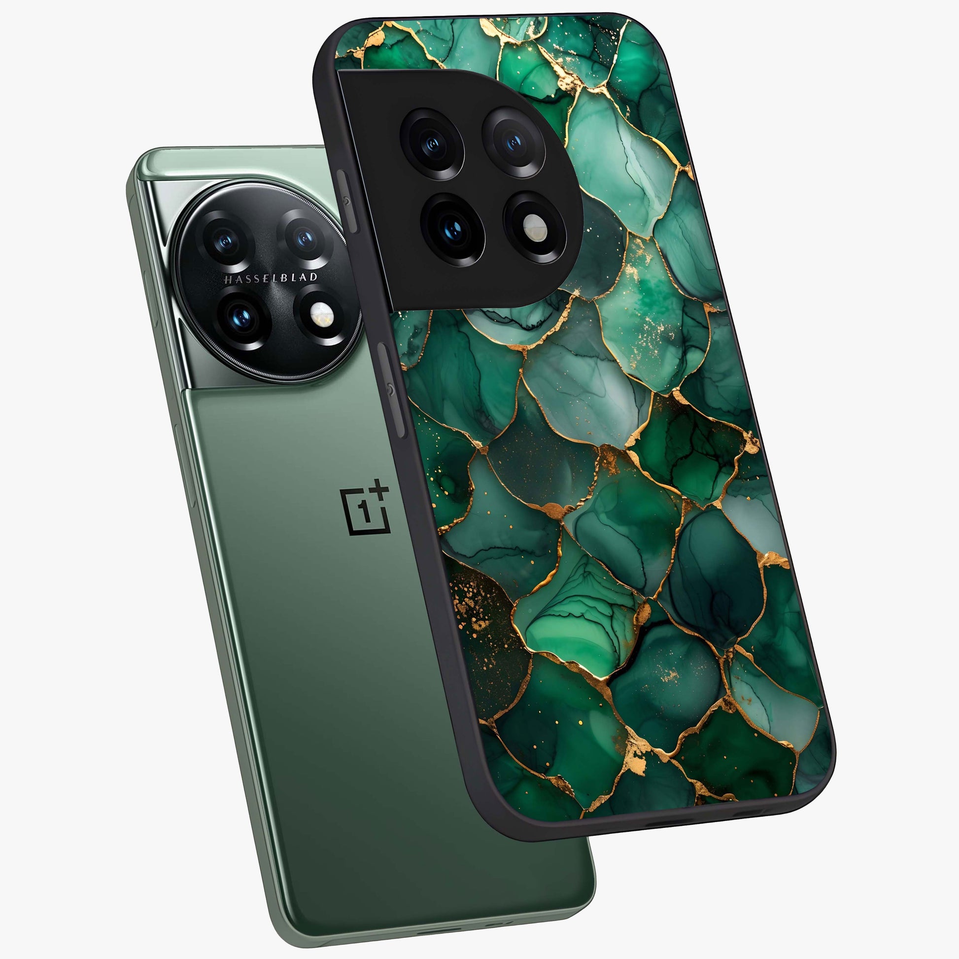 Geometric Polyester Pattern Glass Case for 1+11 angled mockup showcasing glossy finish and clean structured detailing