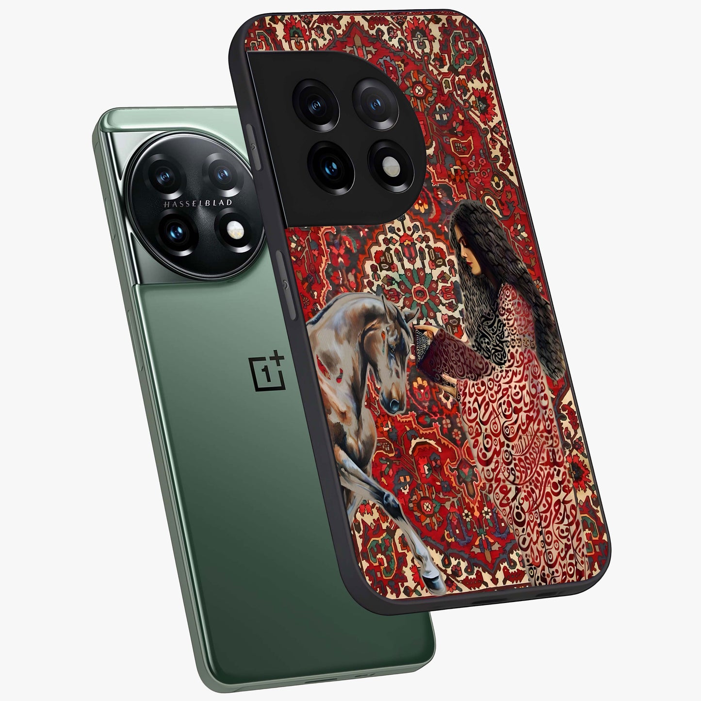 Girl With Horse Glass Case for 1+11 angled mockup showcasing glossy finish and serene countryside tones