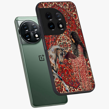 Girl With Horse Glass Case for 1+11 angled mockup showcasing glossy finish and serene countryside tones