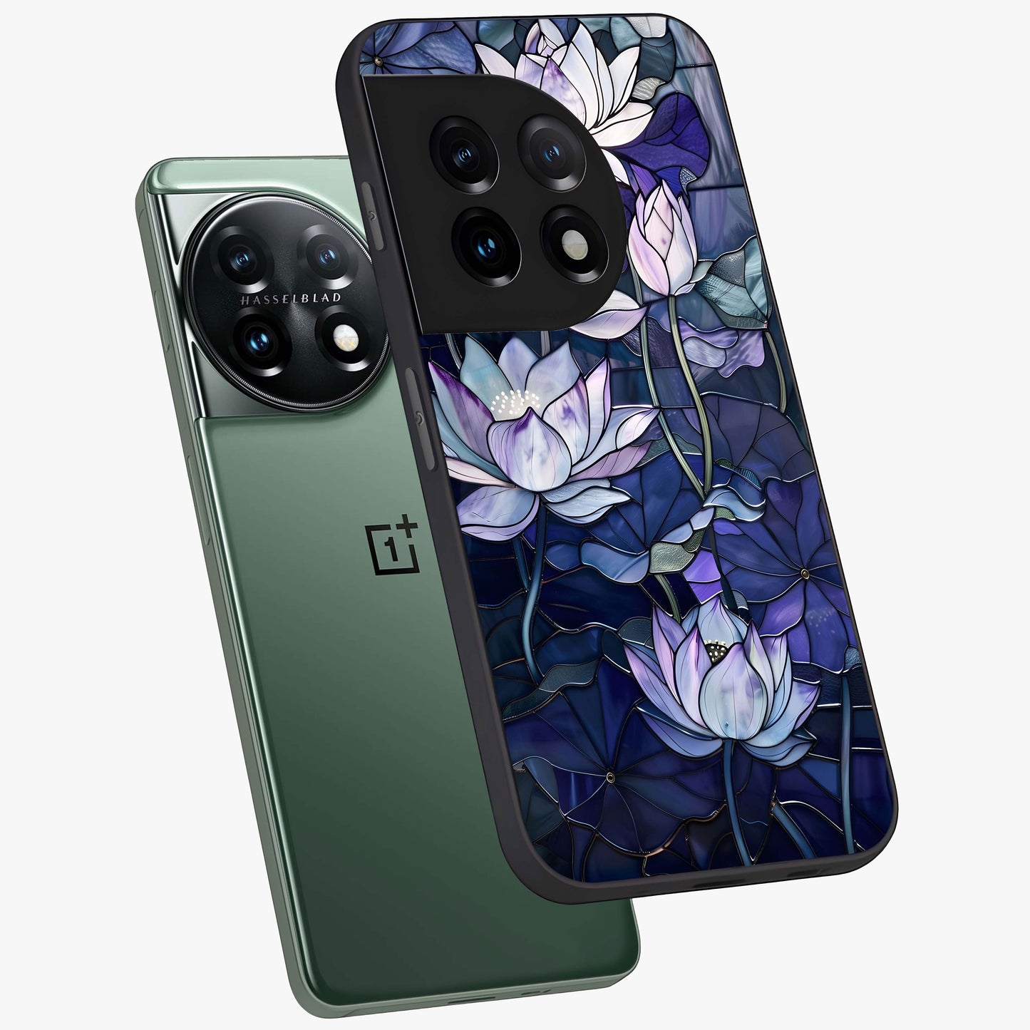Gloss Petal Rush Glass Case for 1+11 angled mockup showcasing shiny glass finish and vibrant bloom detailing