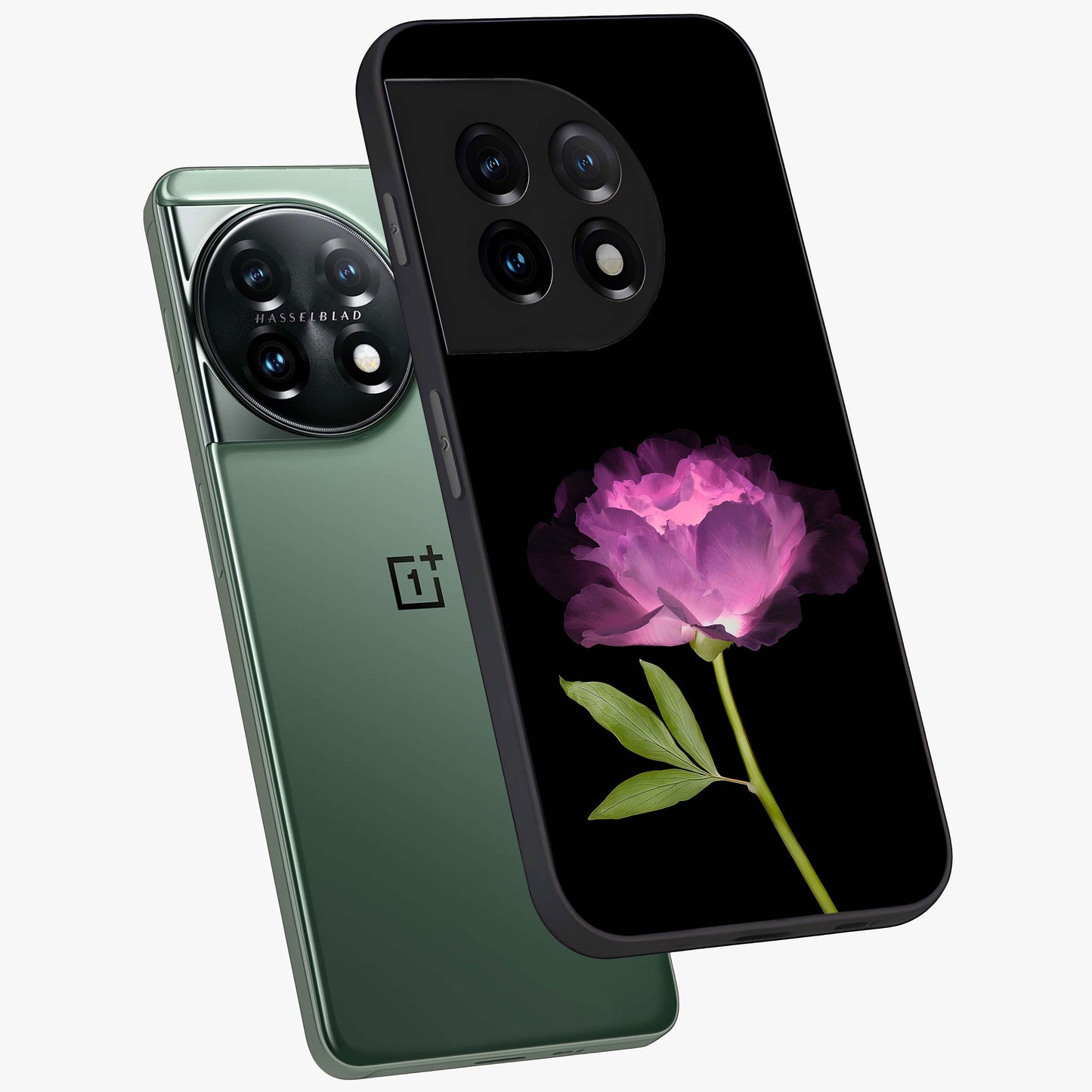 Glow Petal Bloom Glass Case for 1+11 angled mockup showcasing glossy finish and vibrant petal detailing